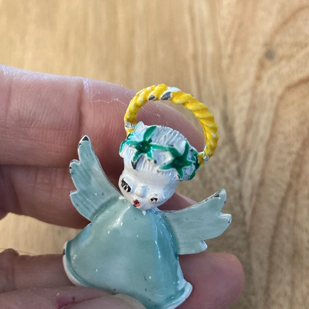 Vintage angel brooch halo light green dress and wings Christmas pin